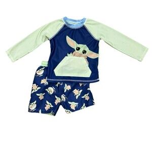 Toddler Star Wars Baby Yoda Boys Swimsuit Set Swim Trunks Rash Guard Shirt Sz 2T